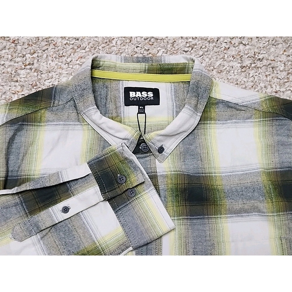 Bass Outdoor XL Heather Grey‎ Yellow Stretch Flannel Shirt Long Sleeve  NWT